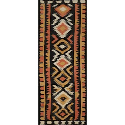 Hand Woven Oriental 100% Wool Carpet Southwestern Tribal Black Kilim Runner Rug - 9' 6'' X 3' 3''