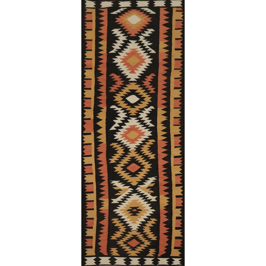 Hand Woven Oriental 100% Wool Carpet Southwestern Tribal Black Kilim Runner Rug - 9' 6'' X 3' 3''