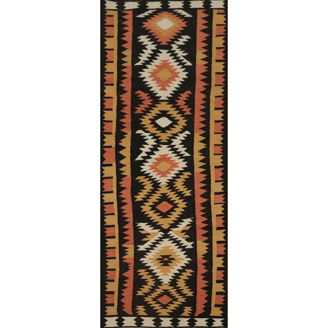 Hand Woven Oriental 100% Wool Carpet Southwestern Tribal Black Kilim Runner Rug - 9' 6'' X 3' 3''