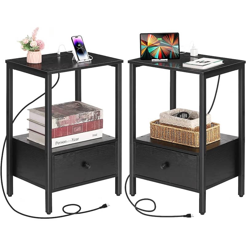 2 PCS Side Table with Charging Station with USB Ports & Power Outlets - Black