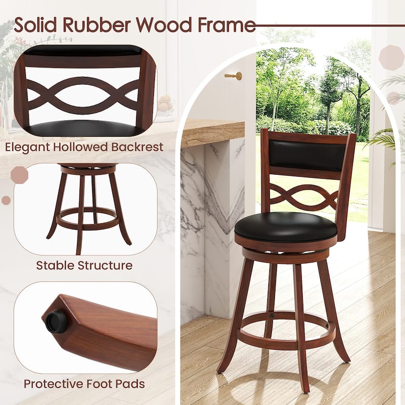 Gymax 24 Inch Bar Stools Set of 2 w/ Rubber Wood Frame Faux Leather