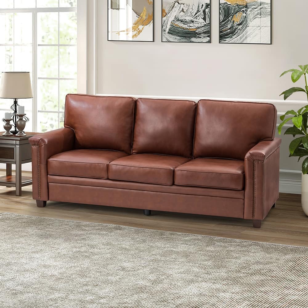 Rita Transitional Living Room 3-Seat Genuine Leather Nailhead Sofa with Solid Wood Legs and Removable Cushions