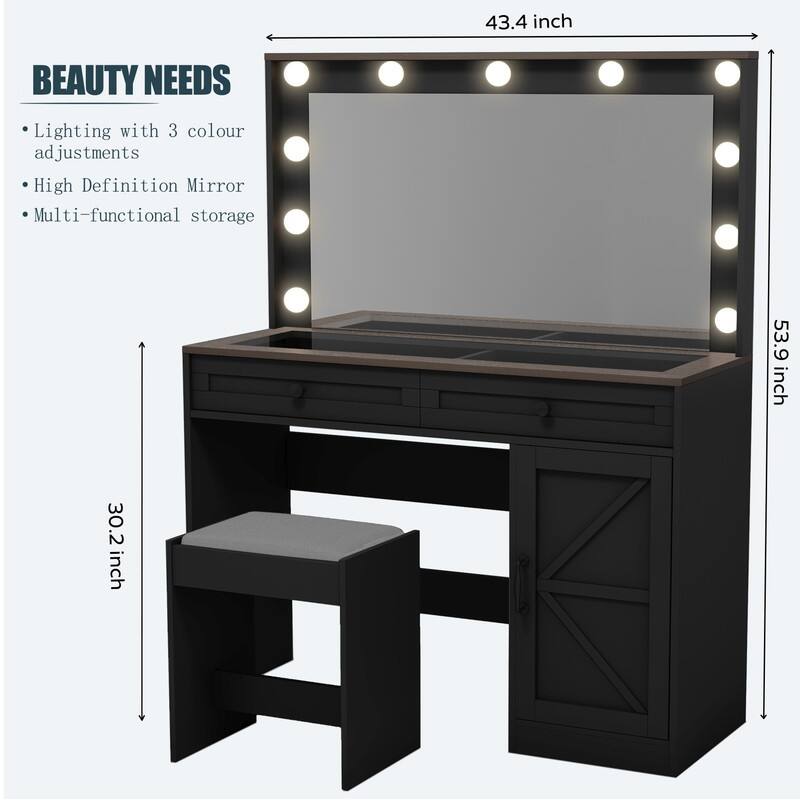 43.4" Modern LED Makeup Vanity Desk with Adjustable Lights, 3 Drawers & Stool - Black