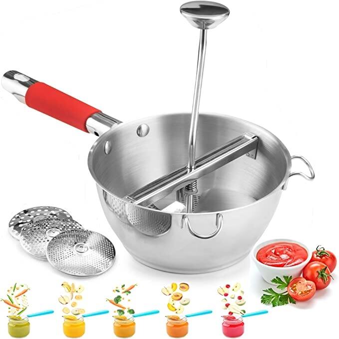 Stainless Steel Food Mill with 3 Grinder Discs (Red)