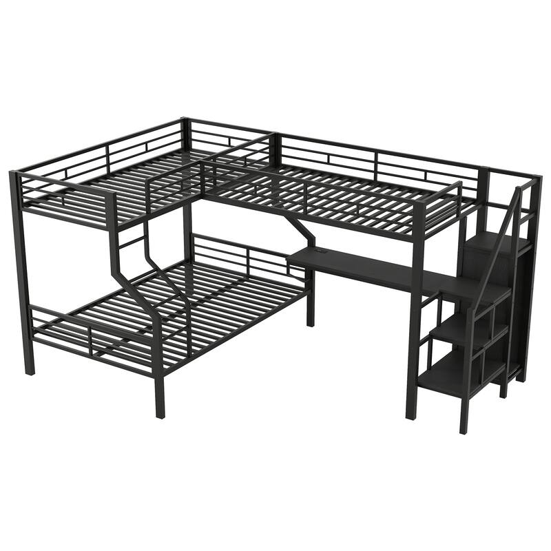 Metal L-Shaped Twin Over Full Bunk Bed with Loft Bed Frame Built-in Desk with USB, Staircase and Wardrobe for 3