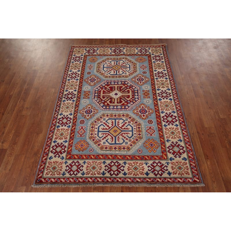 Blue Geometric Kazak Foyer Rug Bedroom Handmade Wool Carpet - 4'1" x 5'10"