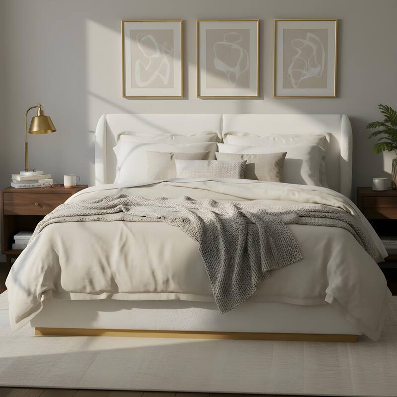 Christopher Knight Home - Contemporary Boucle Upholstered Sculpted Wingback Bed Frame, Enclosed Wood Base & Curved Headboard - White - Queen