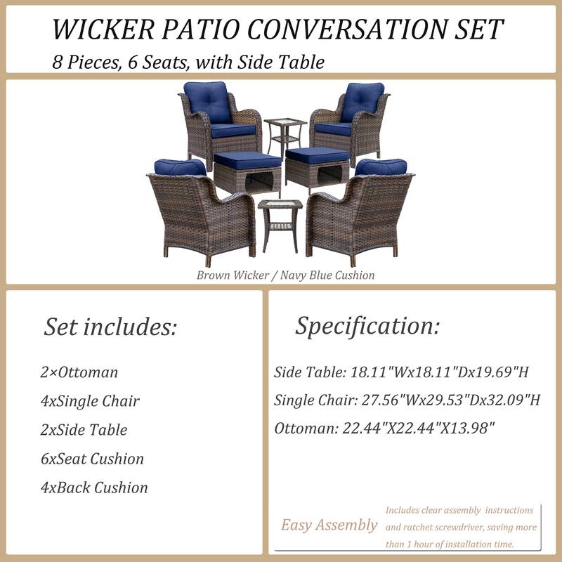 8 Piece Outdoor Wicker Patio Furniture Conversation Chair and Ottoman Set