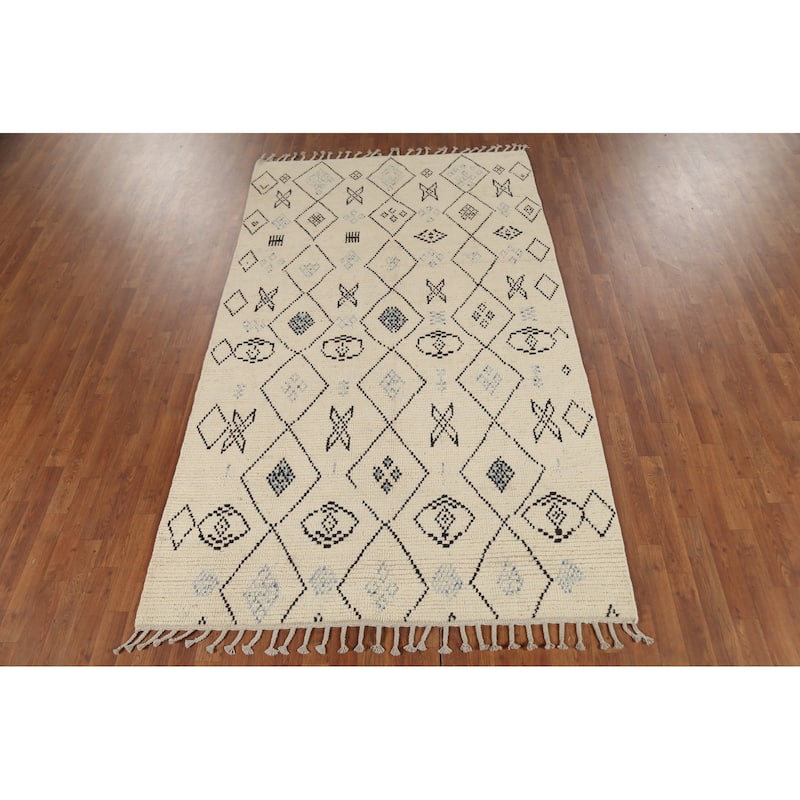 All-Over Design Ivory Moroccan Area Rug Handmade Oriental Wool Carpet - 5'2"x 8'8"