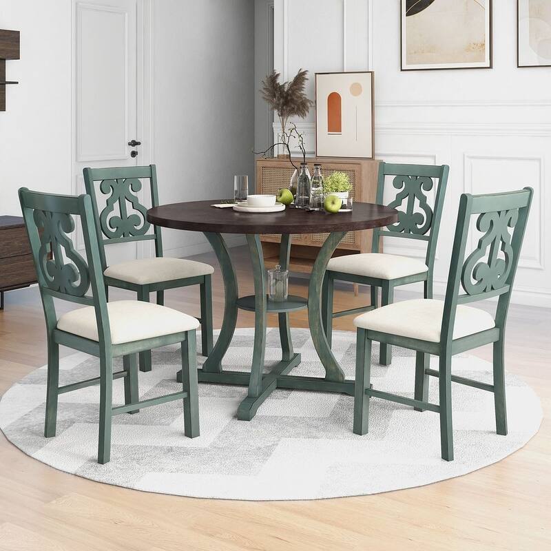 5 PCS Round Dining Table Set for 4 with Fabric Chairs - Antique Blue