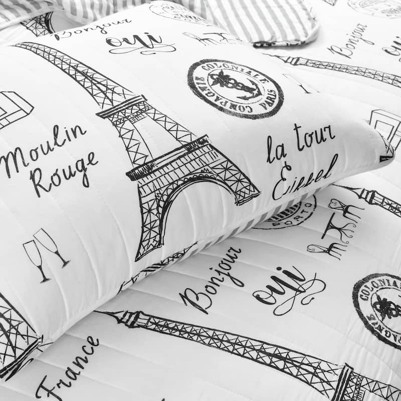 Lush Decor Paris Bonjour Reversible 3 Piece Cotton Quilt Set