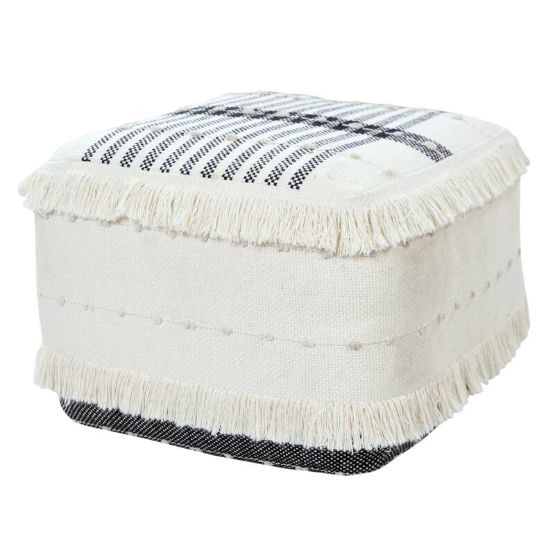 Sevita Black and Ivory Farmhouse Chic Shag Stripe Pouf Ottoman