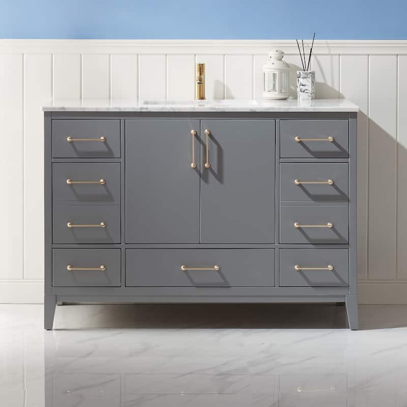 Altair Sutton Single Bathroom Vanity Set and Carrara White Countertop - 48 - Gray + Brushed Gold Hardware