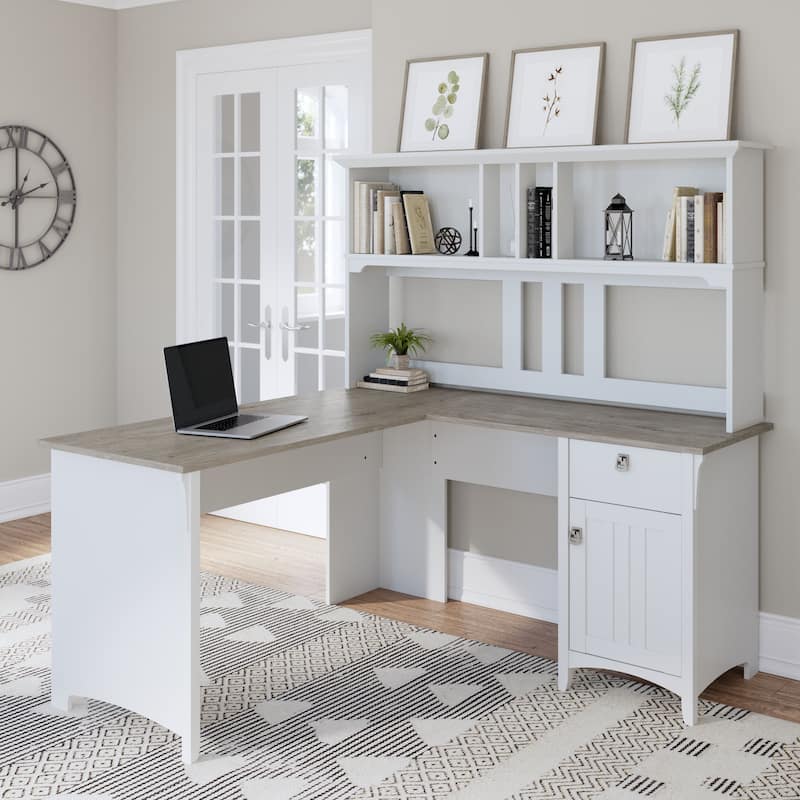 Bush Furniture Salinas 60W L Shaped Desk with Storage Hutch - Shiplap Gray/Pure White