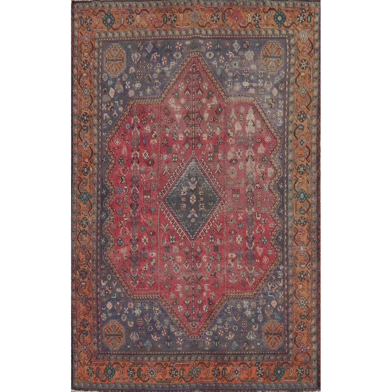 Geometric Joshaghan Persian Vintage Rug Hand-Knotted Wool Carpet - 6'7"x 9'10"