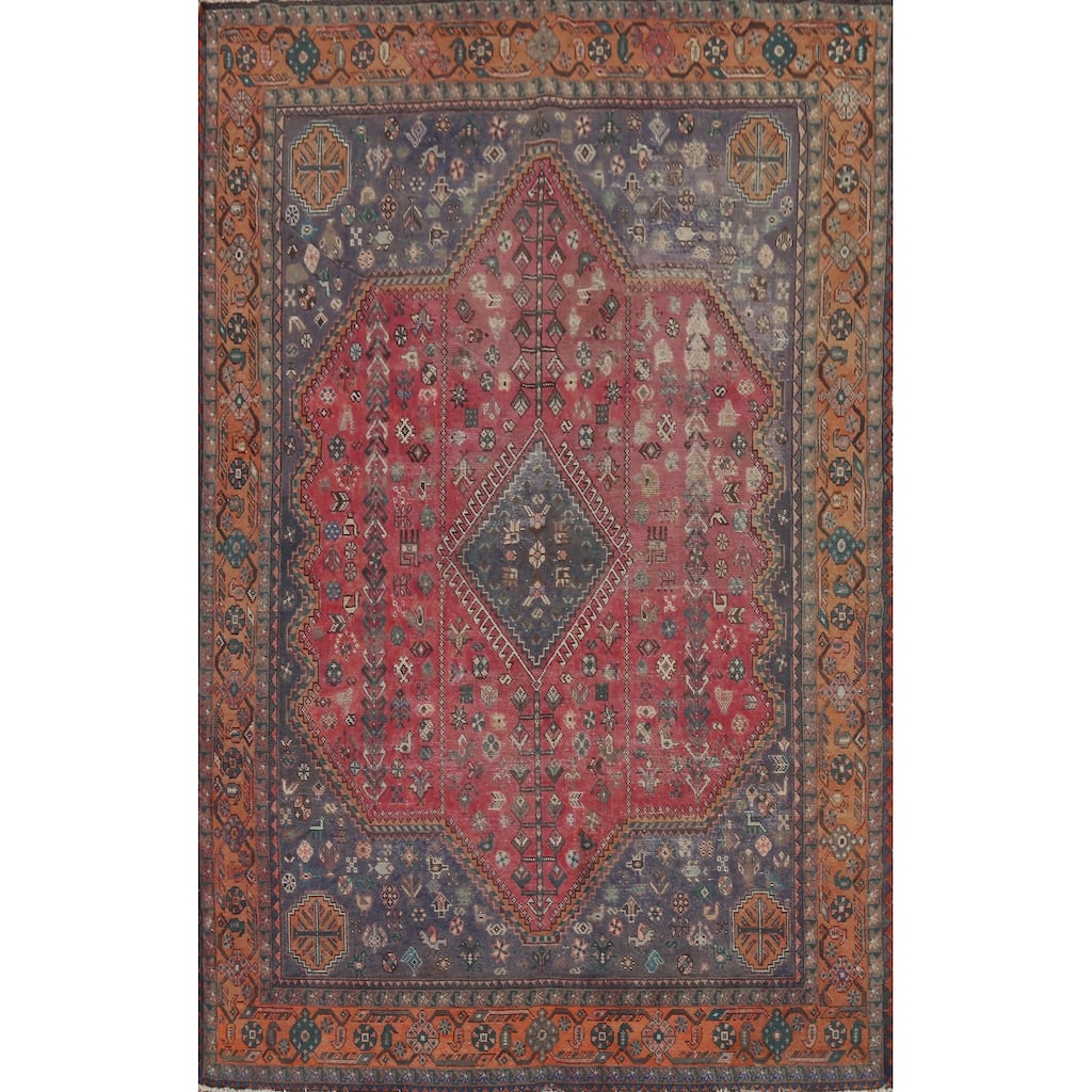 Geometric Joshaghan Persian Vintage Rug Hand-Knotted Wool Carpet - 6'7"x 9'10"