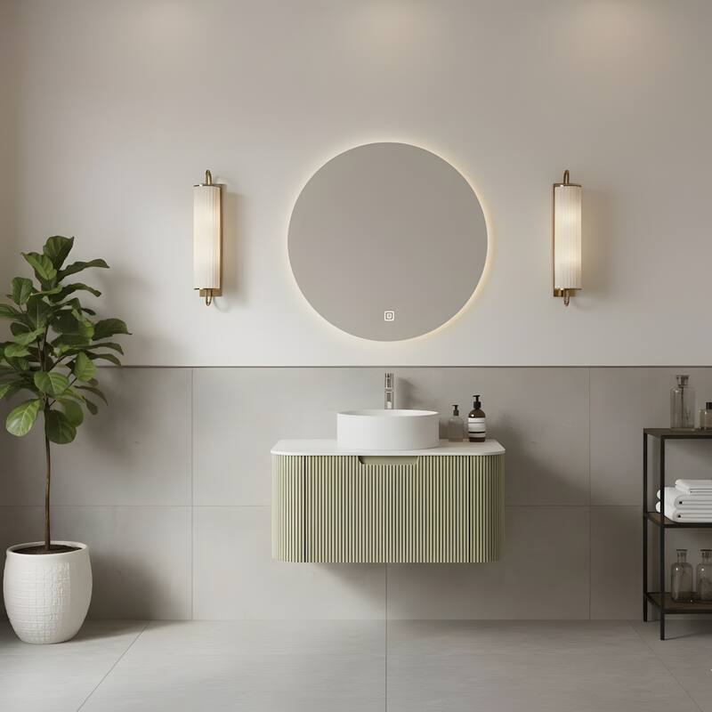 Wall Mounted Bathroom with White Round Ceramic Basin and Drawer - Light Green - 30