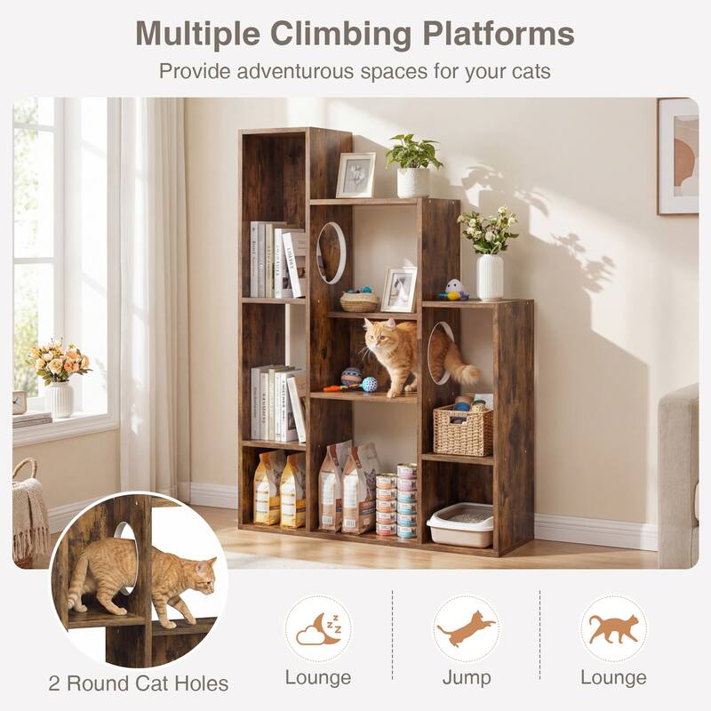 Gymax Modern Cat Bookshelf w/ 2 Round Holes Anti-Tipping Device for