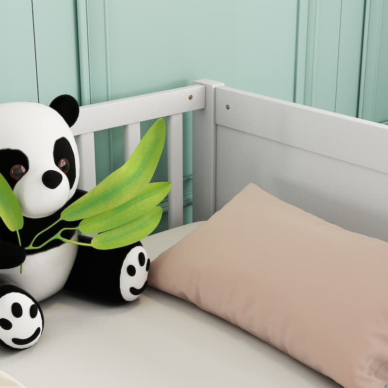 Twin Size Pine Wood Floor Platform Bed with Fence