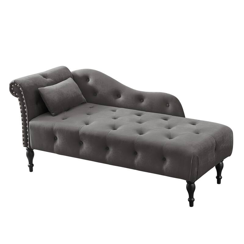 60.6" Velvet Chaise Lounge Buttons Tufted Nailhead Trimmed Solid Wood Legs with 1 Pillow,Burgundy (Left Arm Design)