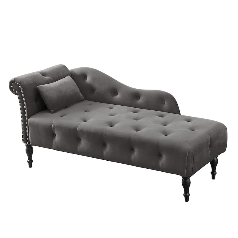 60.6"Velvet Chaise Lounge Buttons Tufted Nailhead Trimmed Solid Wood Legs with 1 Pillow(Left Arm Design as Shown in the Picture)