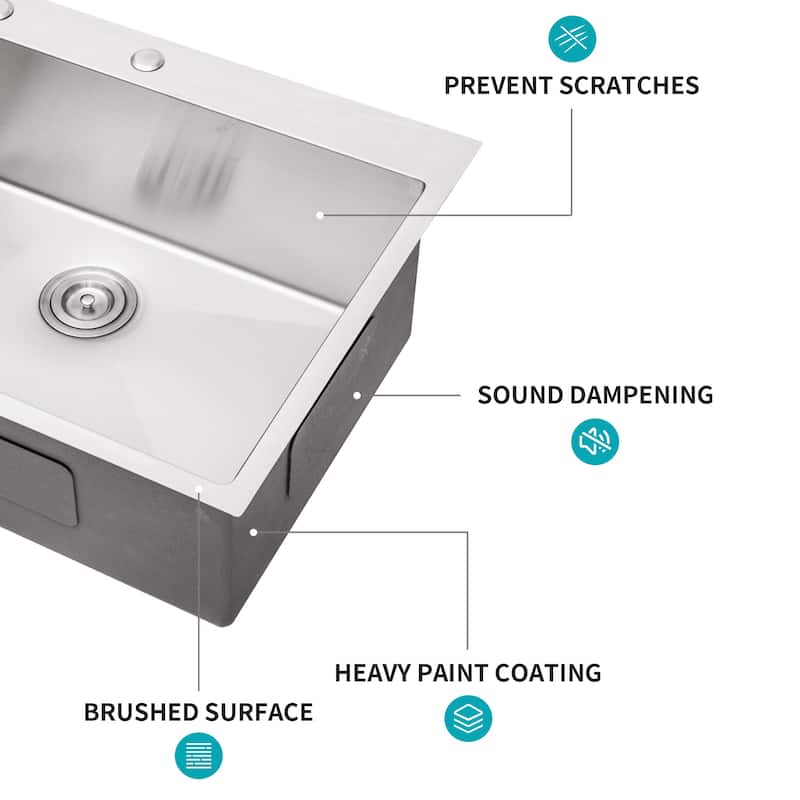33 Inch Drop-in 16 Gauge Single Bowl Stainless Steel Kitchen Sink in Brushed Nickel - 33'' x 22'' x 10''