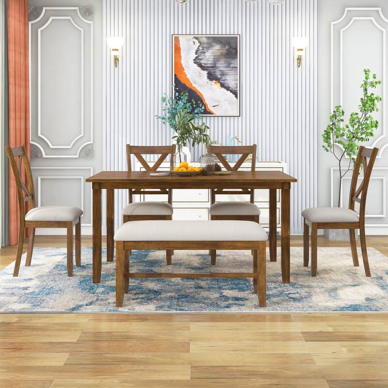5 PCS Retro Rustic Dining Set for 4 - Extendable Table and Upholstered Chairs