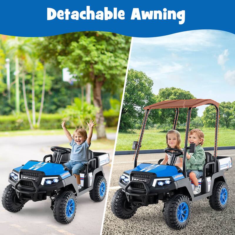 Kids Ride On Golf Cart with Remote 24V Rechargeable Battery USB Music and Sun Awning - 53.5" × 28" × 45" (L x W x H)
