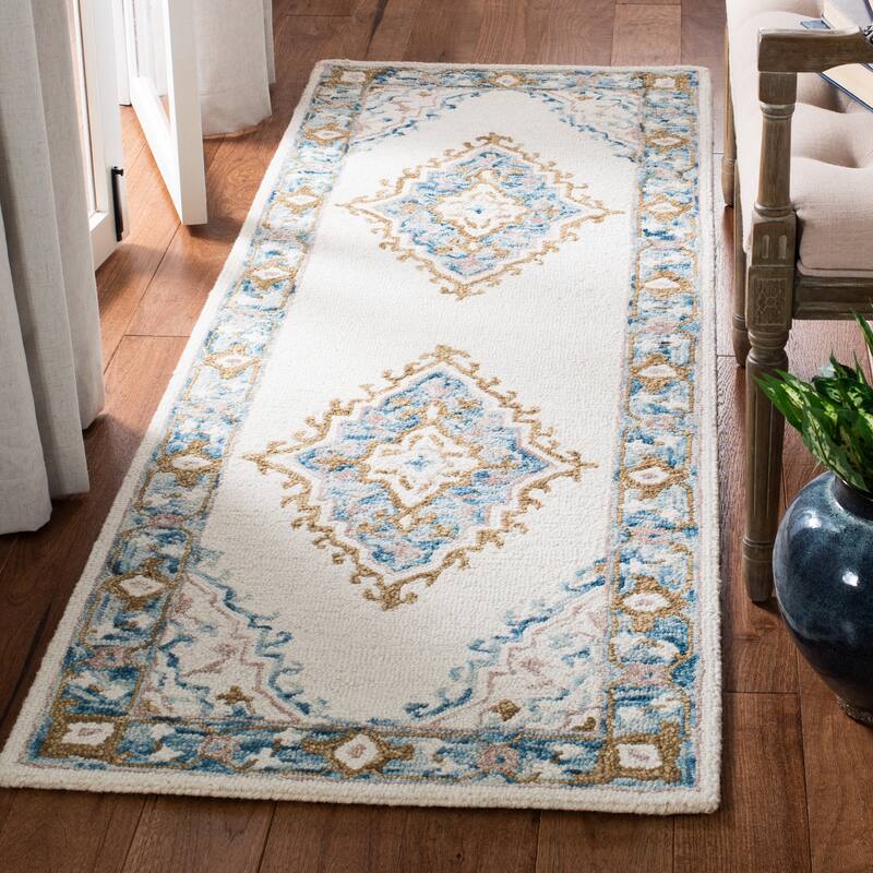 SAFAVIEH Handmade Micro-Loop Taimi Modern Wool Rug - 2'3" x 7' Runner - Ivory/Blue
