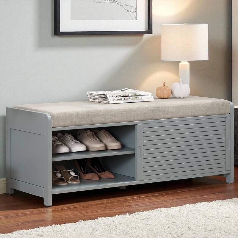 Distressed Shutter Shoe Bench with Cushion, Entryway Storage Bench with Sliding Door & Shelves, 43.3" Wide