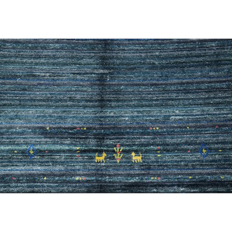 Hand Knotted Oriental Viscose Silk Carpet Tribal Animal Pictorial Navy Blue & Blues Gabbeh Area Rug - 5' 9'' X 6' 3''