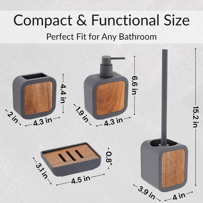 4-Piece Bathroom Accessory Set Rubber and Wood - 4 L x 3.9 W x 15.2 H