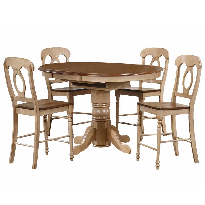 Extendable Dining Set - 5 Piece Table & Stool Set - 42" Round/60" Oval - Coastal Dining Room Furniture