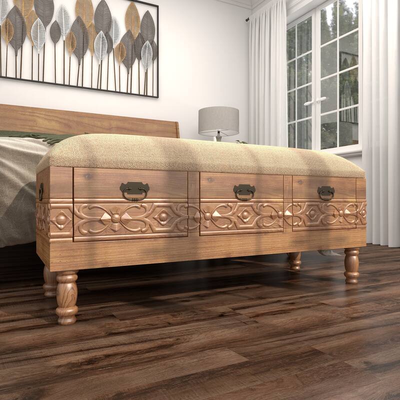 Brown Wood Intricately Carved Floral Storage Bench with Cream Burlap Top