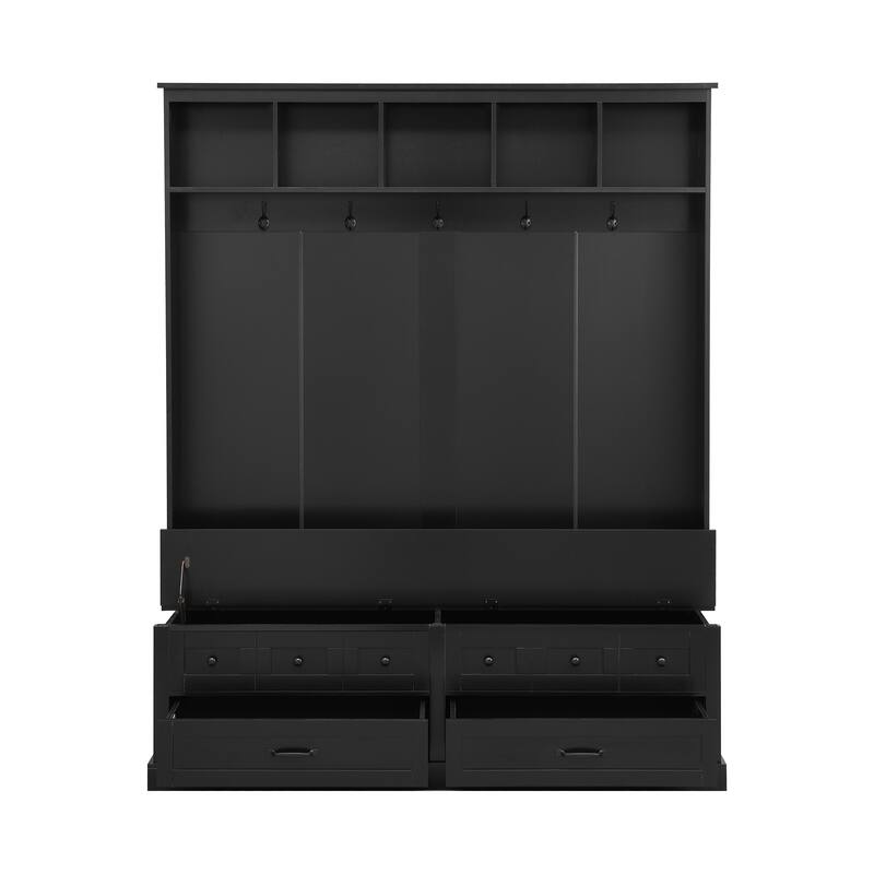 Roomfitters Elegant Wide Hall Tree with Lift-Top Bench, Wooden Mudroom Organizer with 5 Coat Hooks and 2 Storage Sections