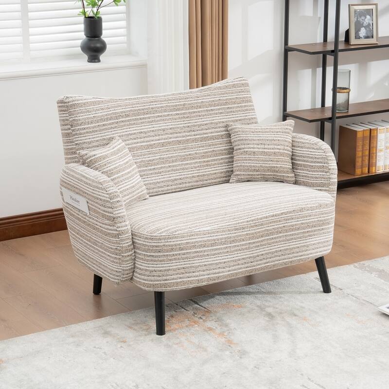 HOMEFUN Boucle Upholstered Stripes Comfortable Wood Frame Loveseats Sofa with Side Pocket and 2 Pillows - Khaki