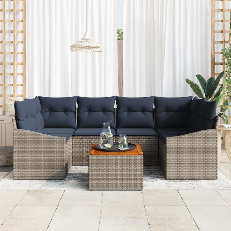 vidaXL 7 Garden Sofa Set with Cushions Black/Grey Poly Rattan - 92.1 x 48.6 x 27.2