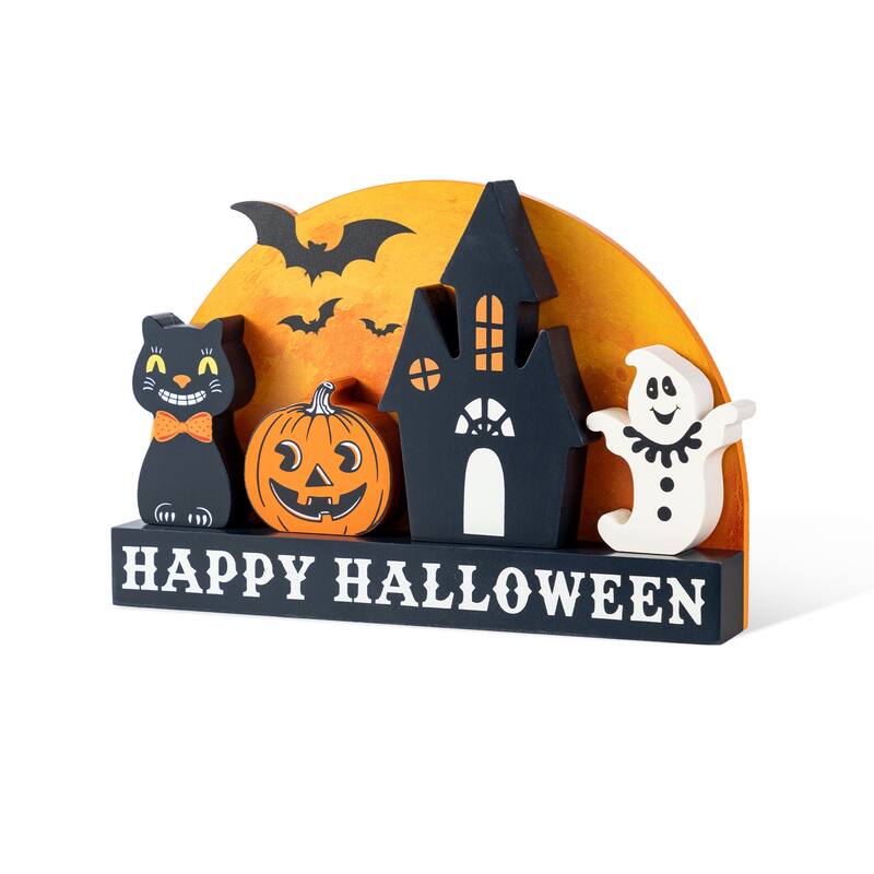 Glitzhome Set of 5 Wooden HAPPY HALLOWEEN Decorative Moon Table Signs with Black Cat, Jack O Lantern, Ghost and Haunted House