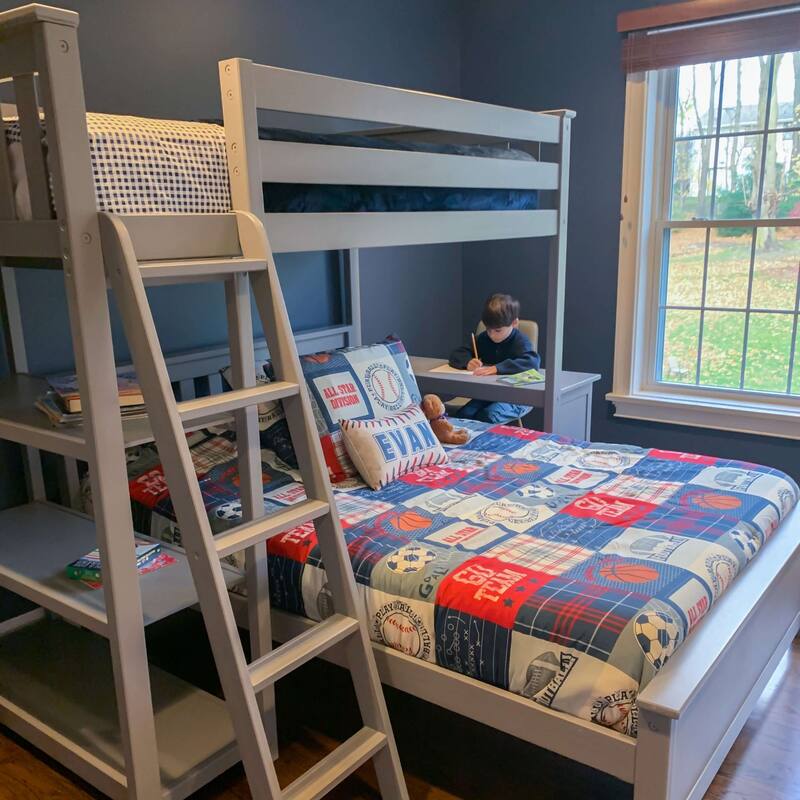 Max and Lily L Shaped Twin over Full Bunk Bed with Bookcase and Desk