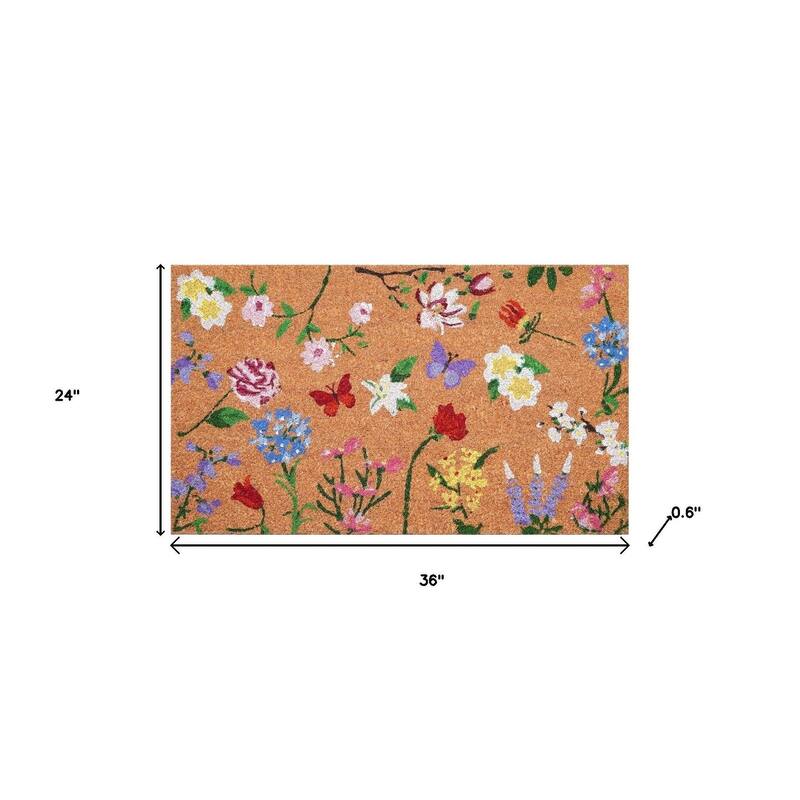HomeRoots 24" X 36" Brown White And Green Floral Outdoor Coir Door Mat - 24.00' X '36.00