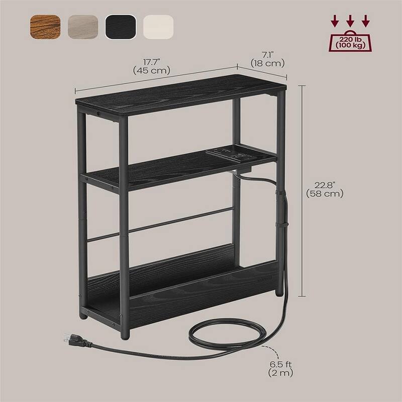 Space-Saving End Table with 3 Storage Shelves and Built-In Charging Station and Stable Steel Frame - 7.1"D x 17.7"W x 22.8"H