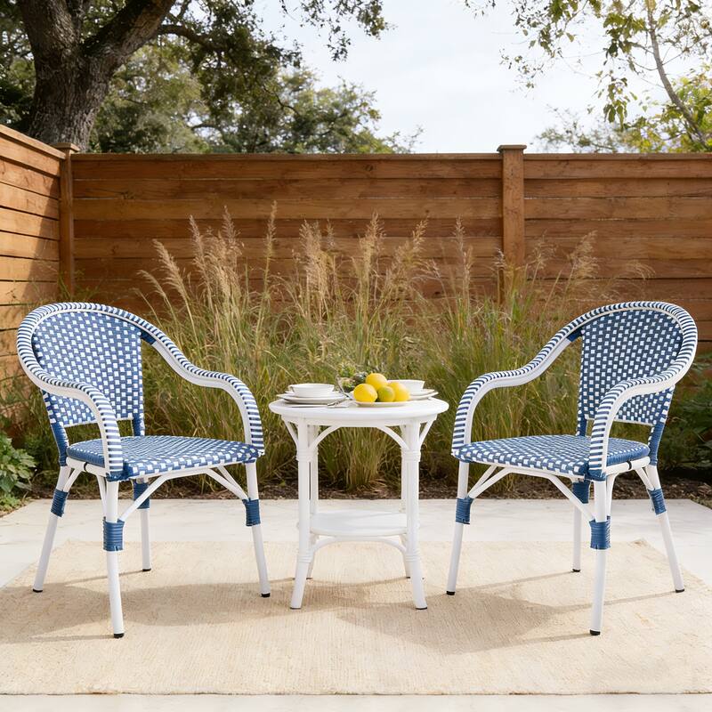 Christopher Knight Home - CaféBreeze Outdoor PE Wicker Dining Armchair with Aluminum Frame - Blue,White_Set of 2