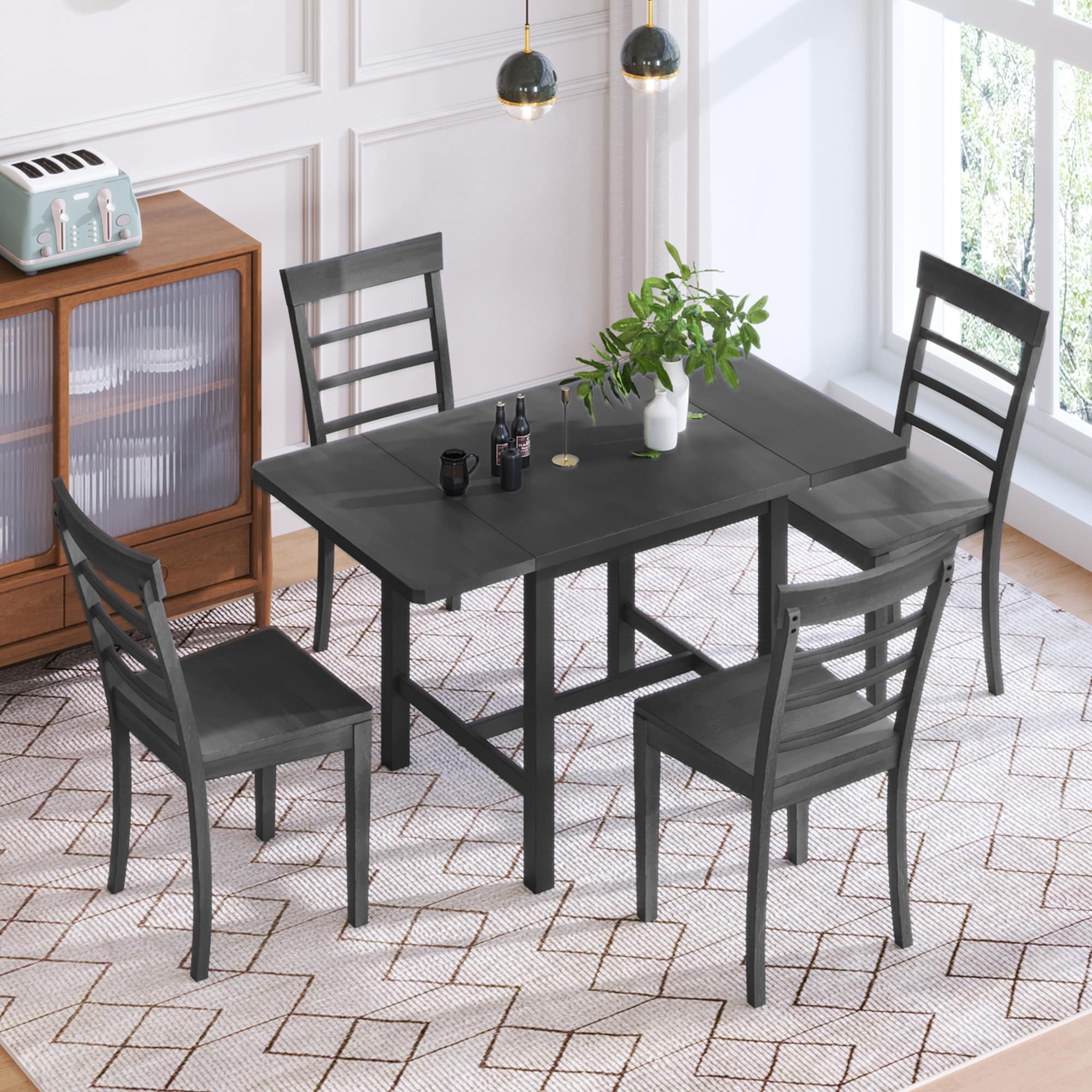 5 Pc Square Drop Leaf Dining Set Extendable Table 4 Chairs for Small Spaces