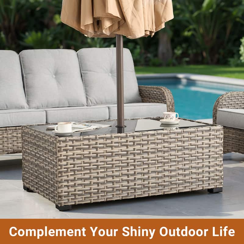 XIZZI Outdoor Wicker Coffee Table with Umbrella Hole for Garden Deck or Poolside