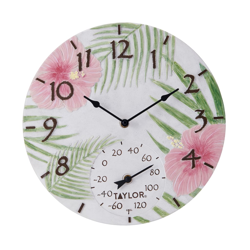 Taylor Pink Hibiscus Poly Resin Indoor and Outdoor Clock and Thermometer, 14 Inch, Multi-Color
