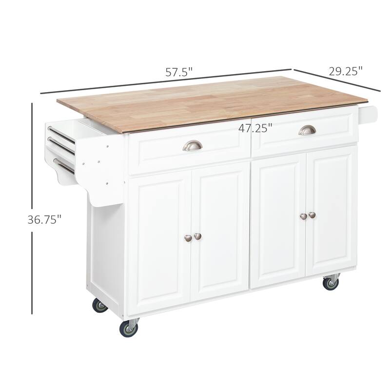 Rolling Kitchen Island on Wheels, Kitchen cart with Solid Wood Drop Leaf Breakfast Bar, Storage Drawers, 4-Door Cabinets
