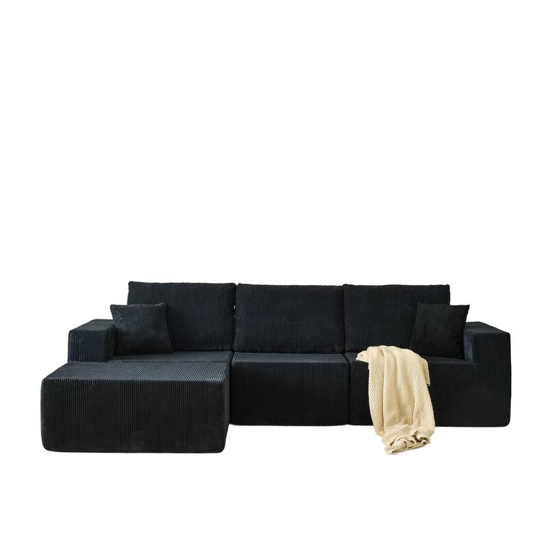 Modular L Shaped Sectional Sofa with Ottoman, Corduroy Boneless Cloud Sofa, 3 Seater Upholstered Sofa with 2 Pillows