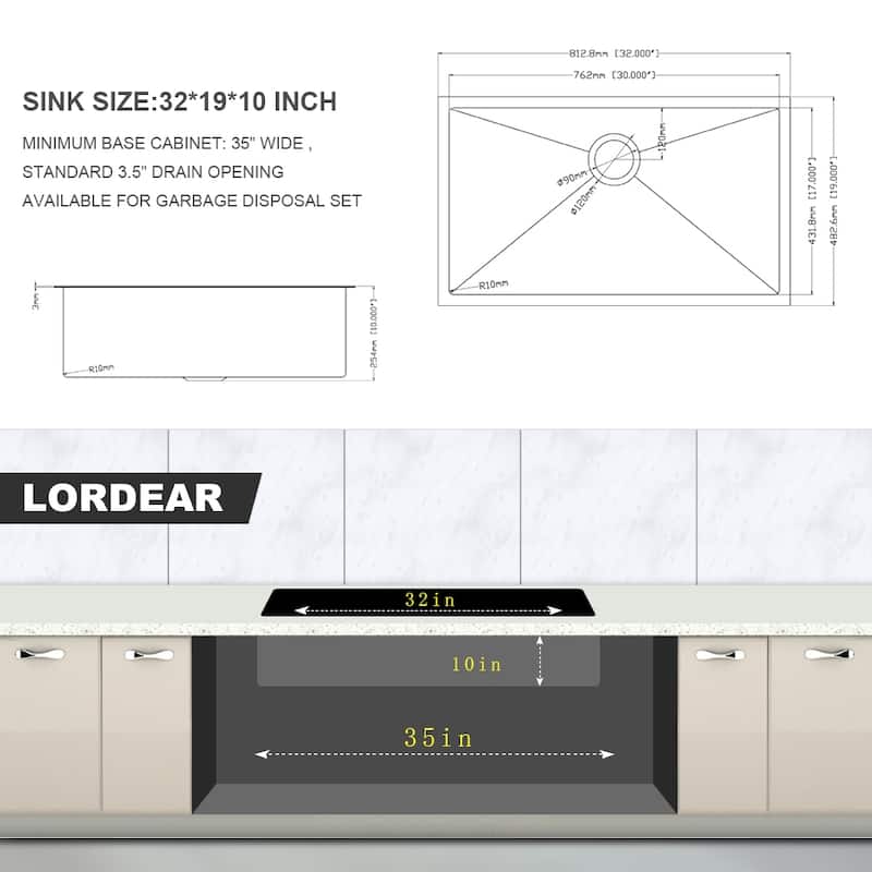 Undermount Stainless Steel Single Bowl Farmhouse Kitchen Sink