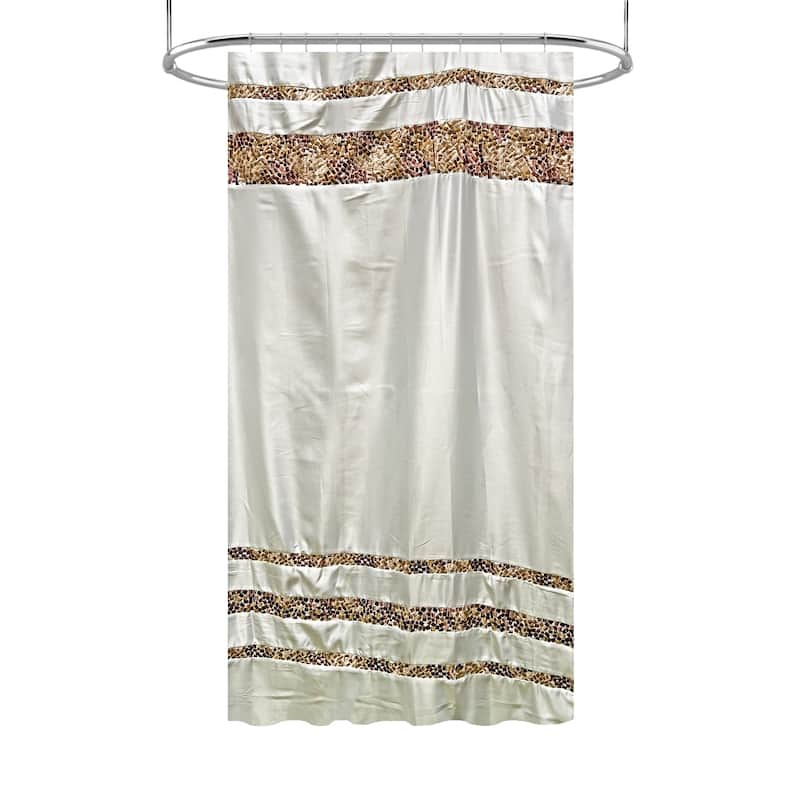 Spa Tile White Soft Fabric Shower Curtain with Multicolor Embroidered Tile Bands