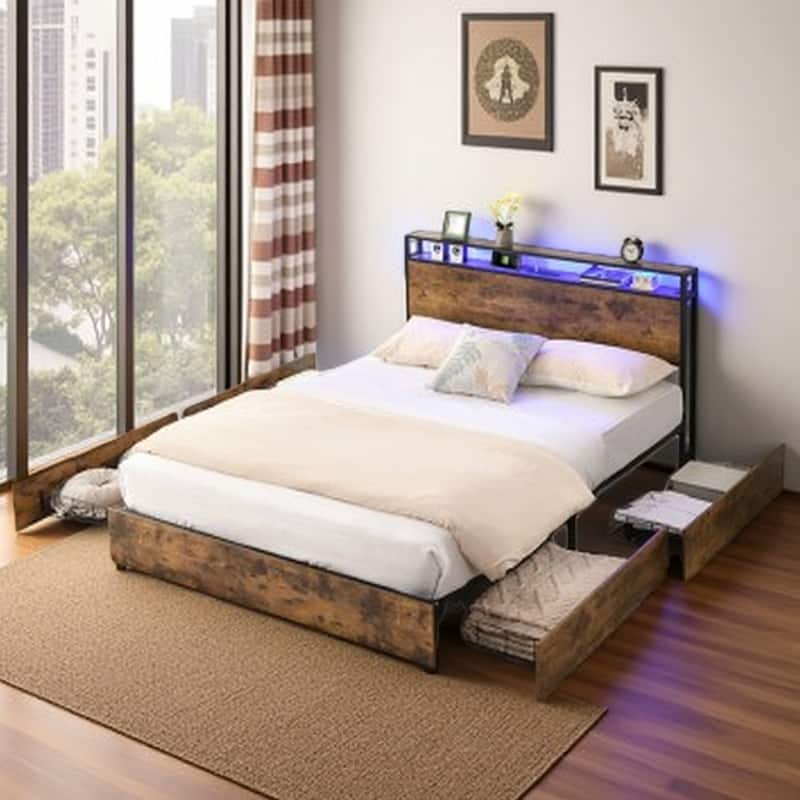 Full Size Bed Frame with Storage Headboard, Charging Station, LED Lights, Noise-Free, Easy Assembly, No Box Spring Required - Queen Black+Brown - Queen